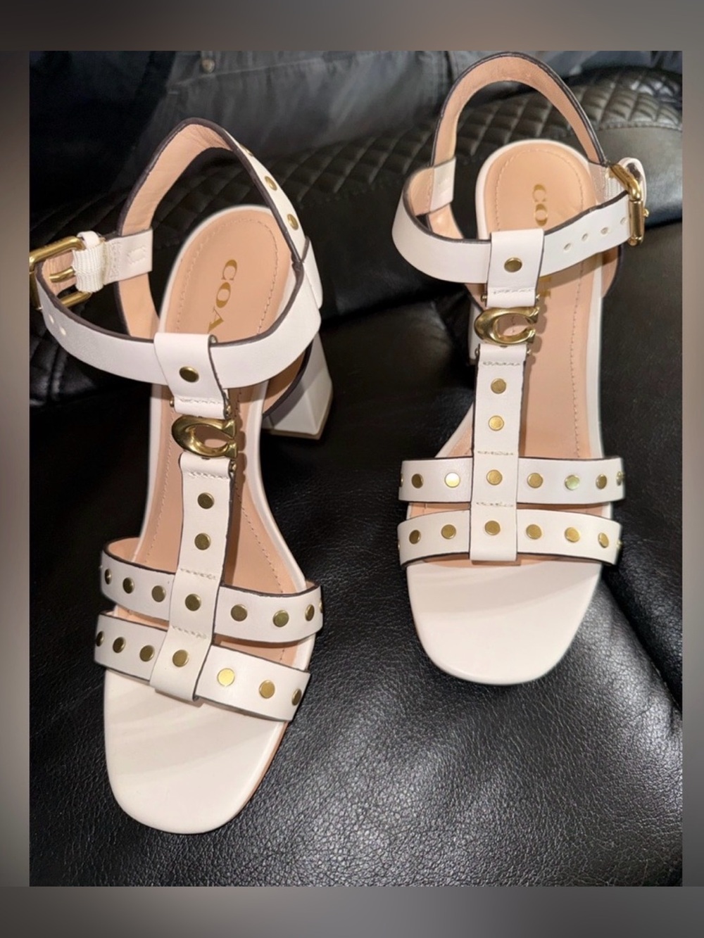 Coach White Studded T-Strap Block Heel Sandals
